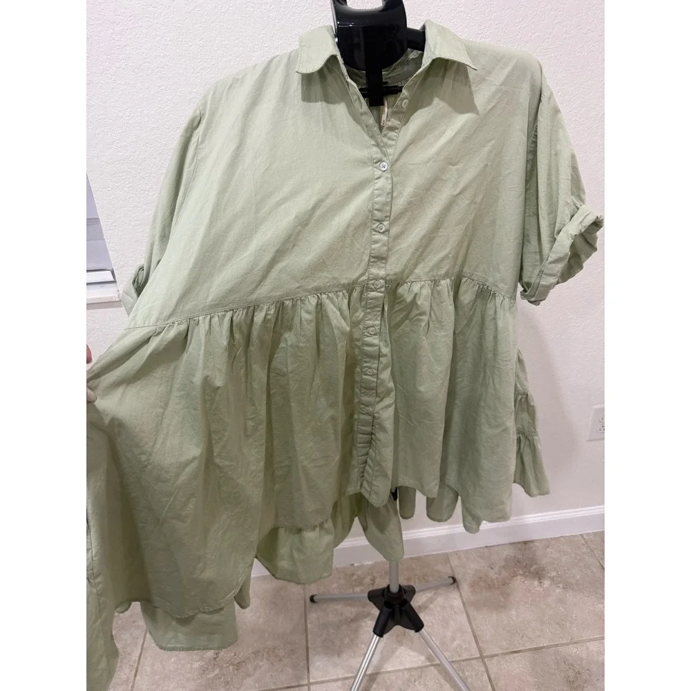 Free People Sage Green Cotton Tiered Babydoll Boho Tunic Top Button Down Women M